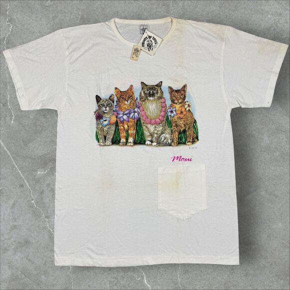 VTG Prints of Tails Maui Clothing Co Hula Cats Pocket T Shirt Loft *Read* - OS - Picture 1 of 8
